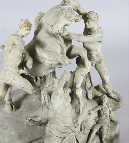 After the Antique. A large late 19th century Italian painted terracotta group of the Farnese bull, H.22in, restorations